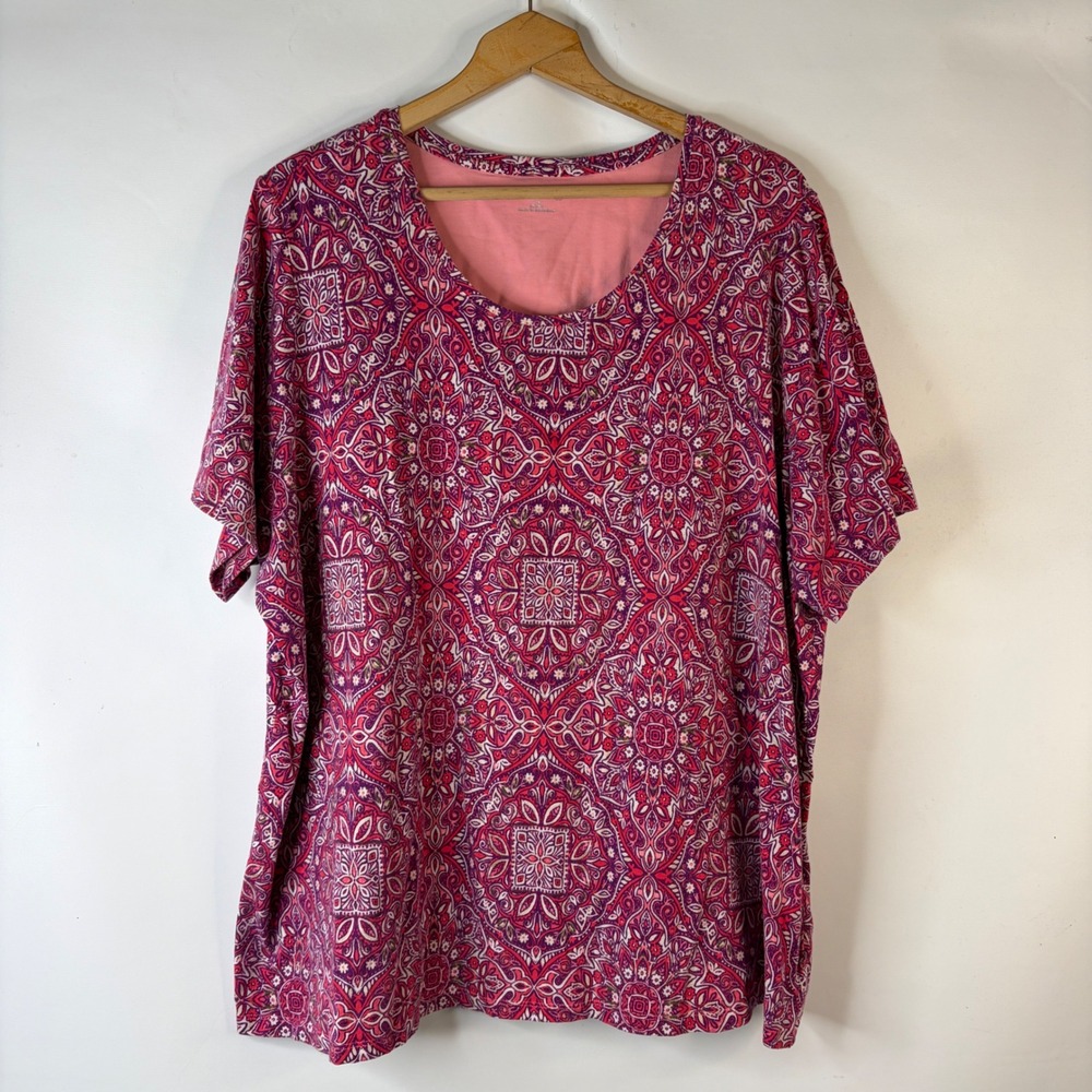 Catherines T-Shirt Womens 2X Pink Medallion Print Scoop Neck Short Sleeve Top